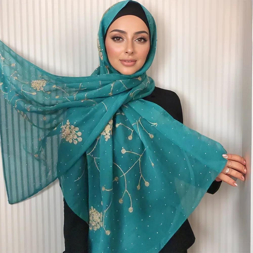 New Embroidered Diamond Chiffon Hijab Scarf Women Luxury Soft Plain Shawl For Women Muslim Hijabs For Women Turban Femme Bandana
