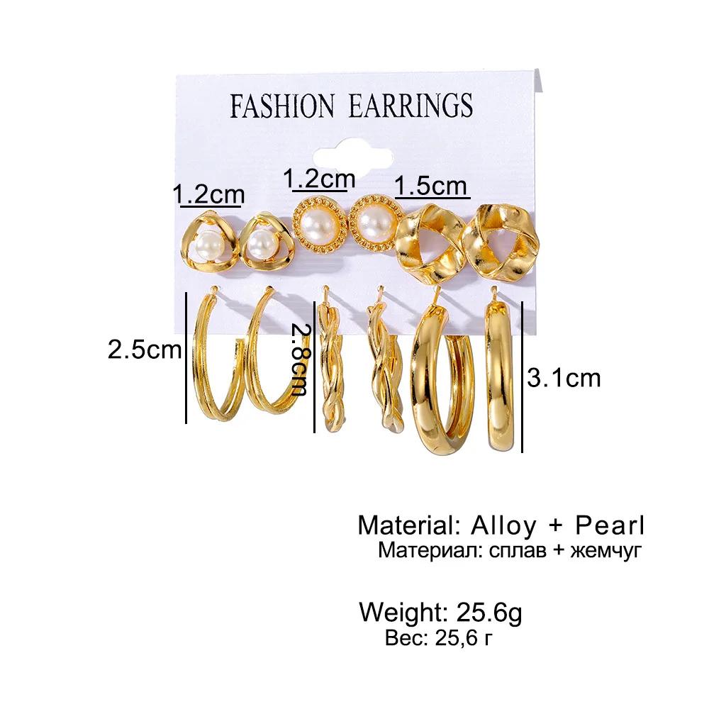 6Pairs Boho Big Circle Hoop Earring Set for Women, Gold Color Bohemia Vintage Pearl Earring Jewelry Gifts