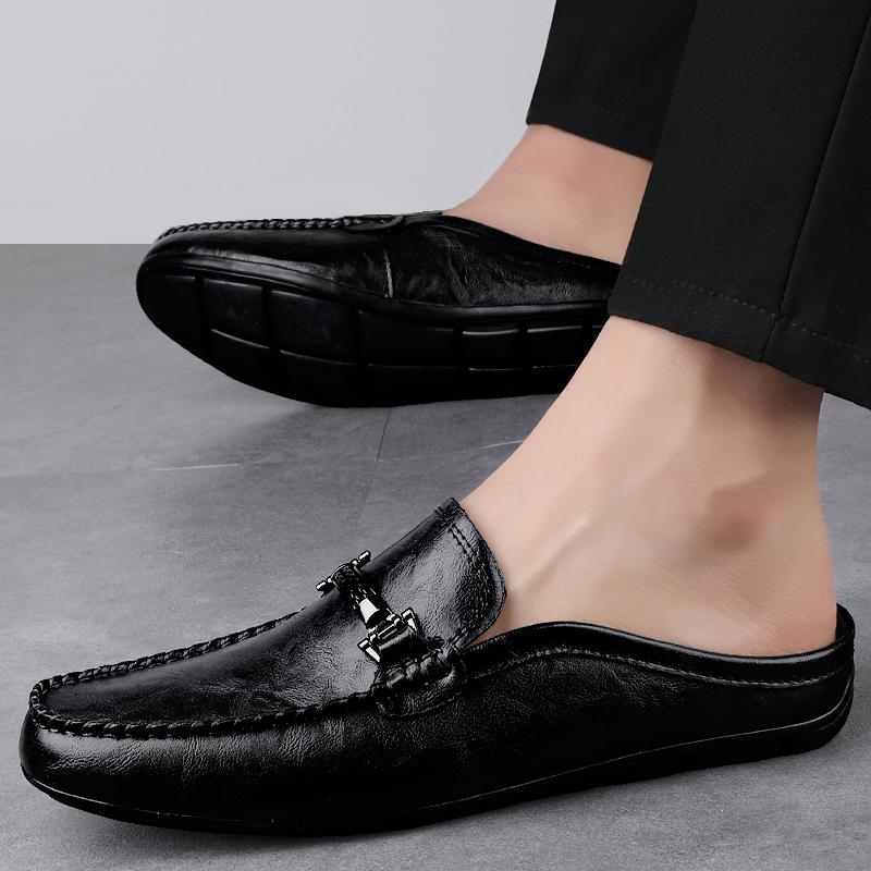 2025 Summer Large Size Mules Men Half Shoes For Man Slippers Leather Semi-Drag Casual Shoes Backless Loafers Male Slides Flats