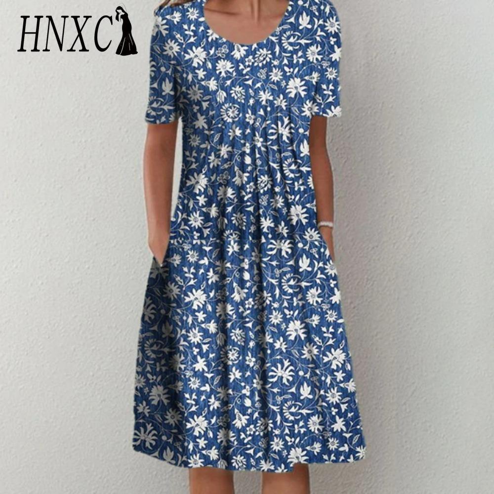 HNXC 30 Color Pleated Midi Dress Short Sleeve Round Neck Loose Hem Mid-Calf Length Women Floral A-Line Party Dress Casual Wear