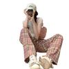 145cm Vintage Pink Plaid Drawstring Wide Leg Pants - Women's Slimming Straight Leg Summer Casual Loose Fit