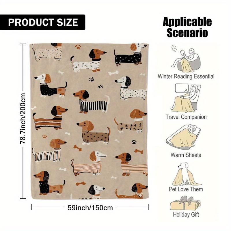 [1pc Cozy Flannel Blanket] 1pc Cozy Flannel Blanket – Classic Warm Dachshund Delight Print Size: 75*100cm, Weight: 230 GSM