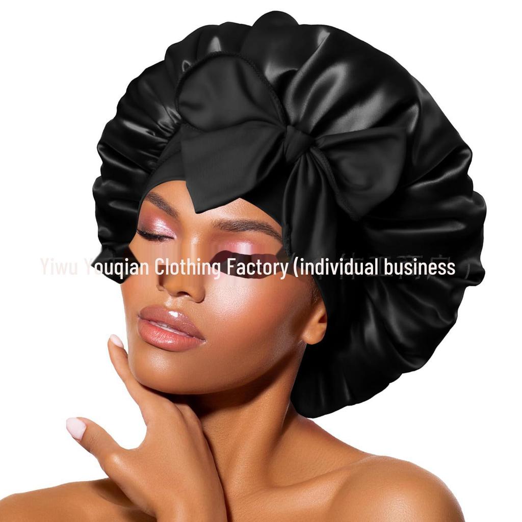 Elastische Schlaf- und Duschhaube aus Satin mit breiter Krempe für Damen – einfarbig, Größe L