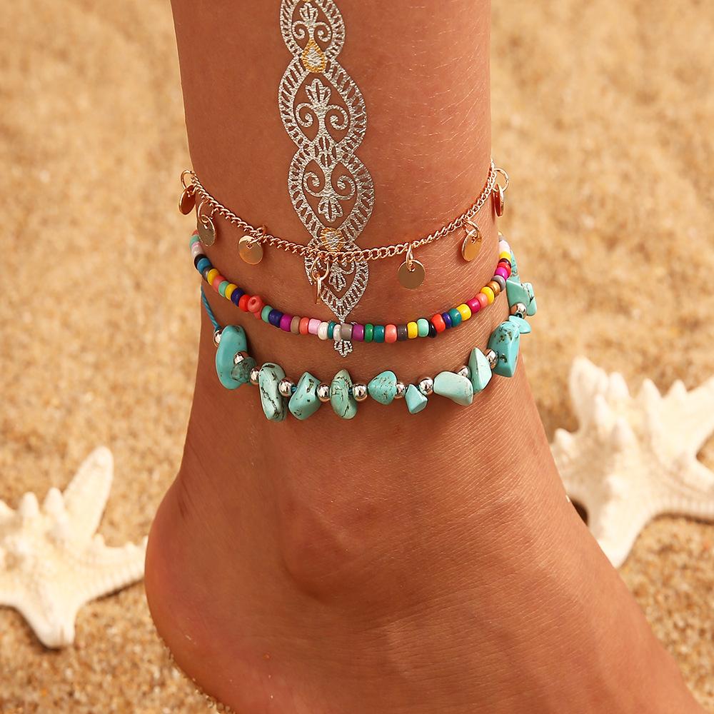 Bohemian Retro Wax Rope Mixed Color Woven Turquoise Sunflower Handmade String Mixed Color Rice Bead Multi-Layer Anklet