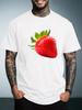 Unisex Black Crew Neck Tee Realistic Red Strawberry Fruit Print Short Sleeve Loose Casual Male Street Daily Summer Fashion Tops