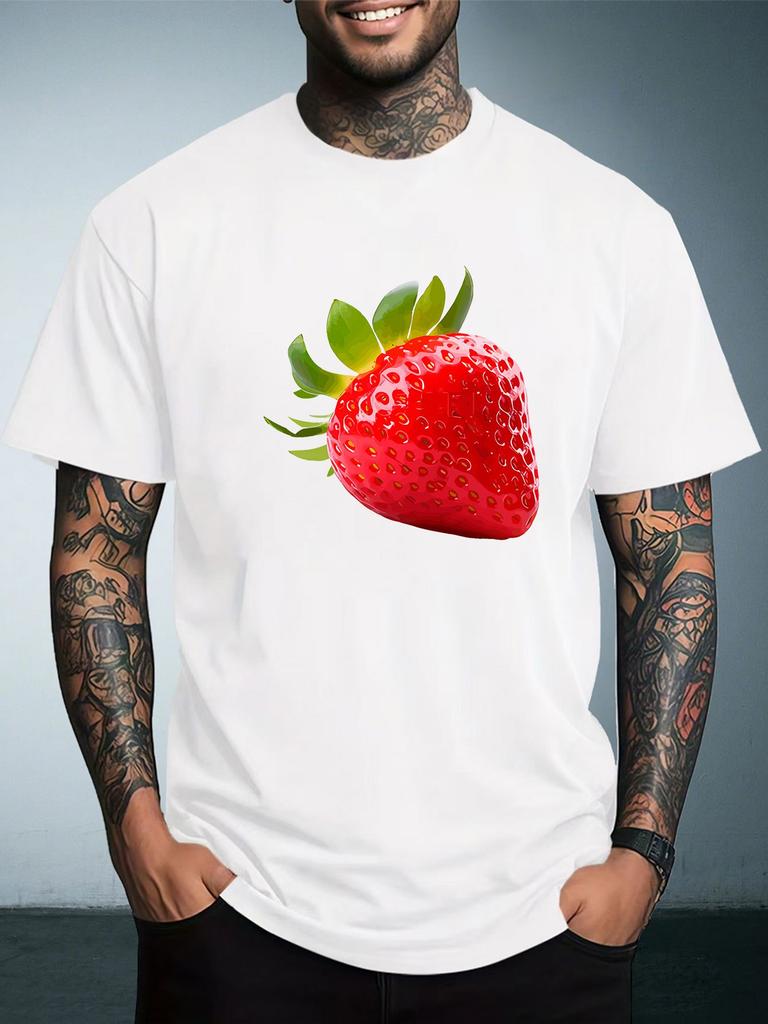 Unisex Black Crew Neck Tee Realistic Red Strawberry Fruit Print Short Sleeve Loose Casual Male Street Daily Summer Fashion Tops