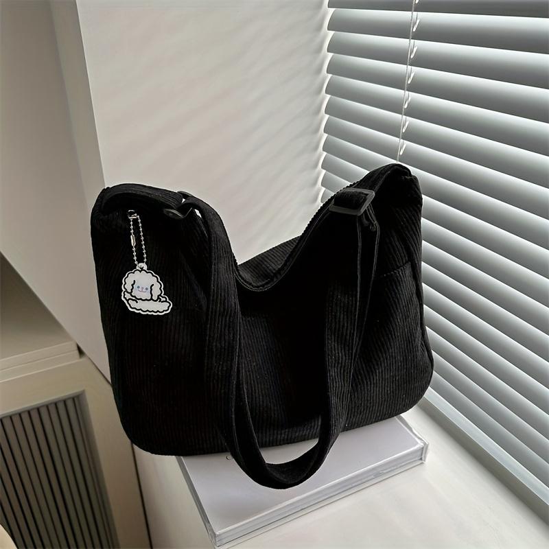 

Women’s Corduroy Shoulder Bag Casual Striped Large Capacity Tote with Zipper Closure, Cute Hat Patch, Perfect for Everyday Use чёрный
