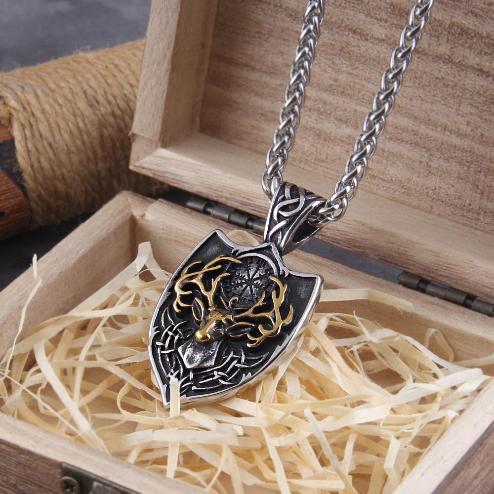 Viking nerezová ocel hlava jelena štít Vegvisir náhrdelník pánský Odin přívěsek šperk s krabičkou