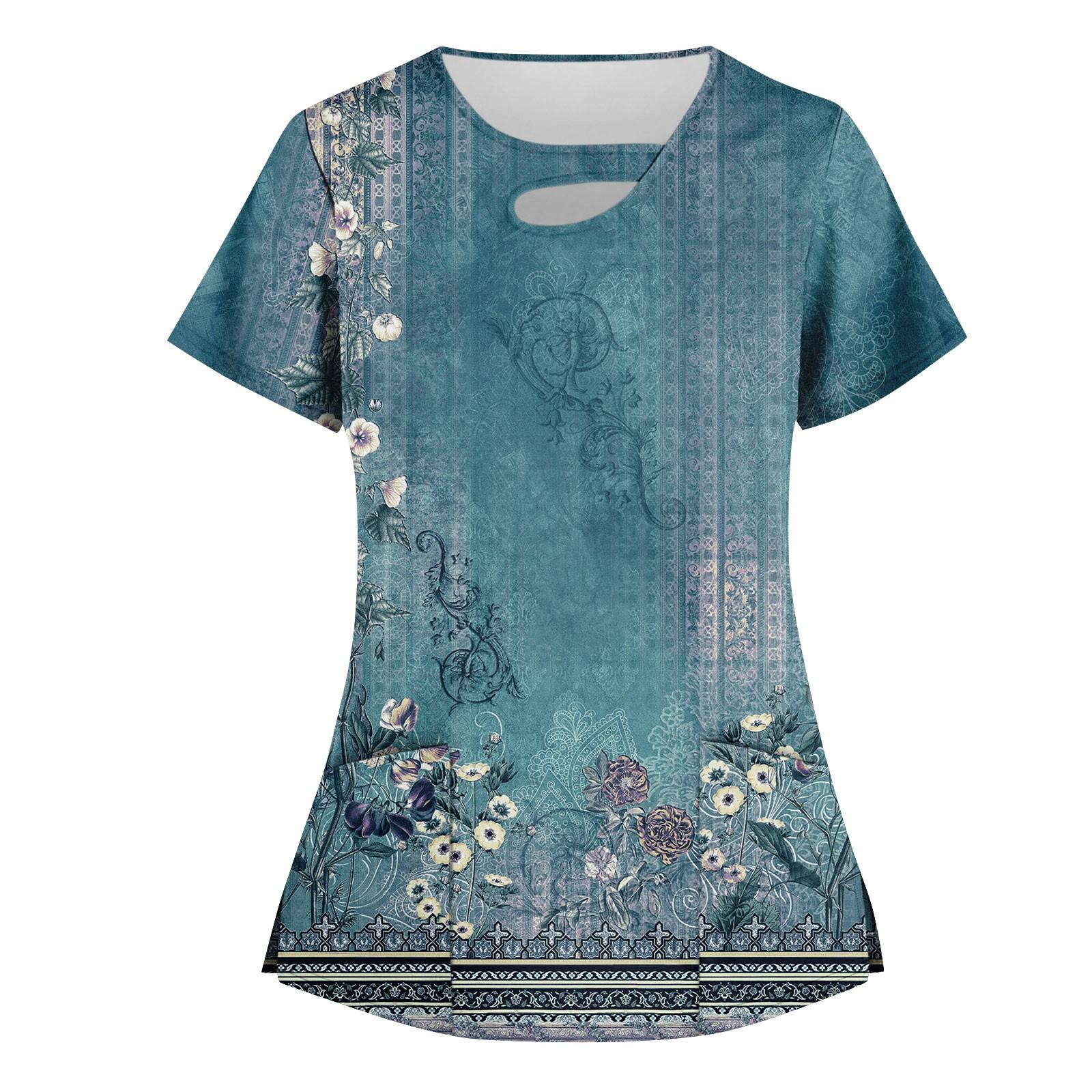 

Womens Tops Stretchy Fashion Printed Work With Pocket T-Shirt Short Sleeve Top XXXXXL