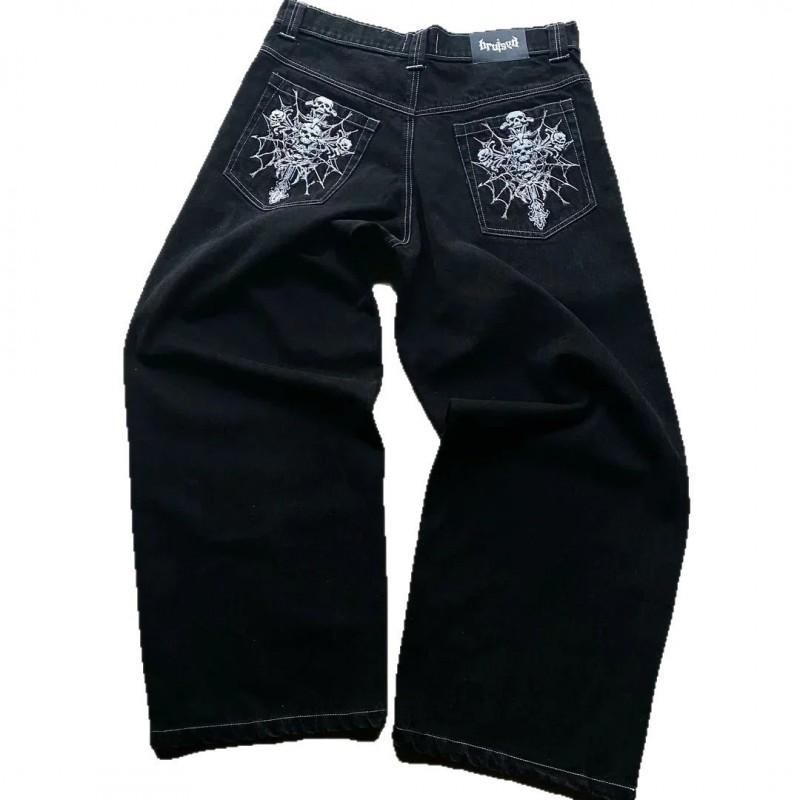 Harajuku Style Skull Embroidered Vintage Washed Straight Cut Baggy Jeans Men High Waist Loose Fit