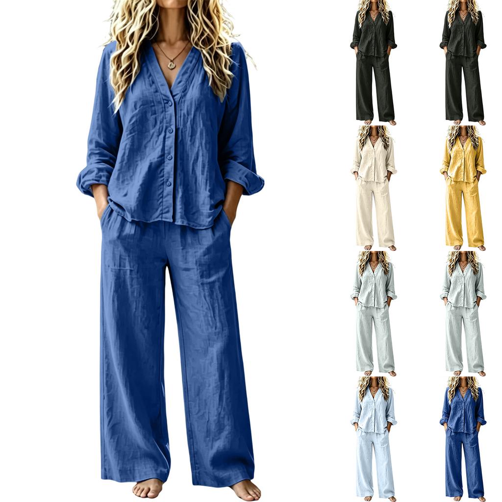 Women's Casual Slimming 2 Piece Outfit Set V-Neck Cardigan Top with Wide Leg Pants Loose Fit Color