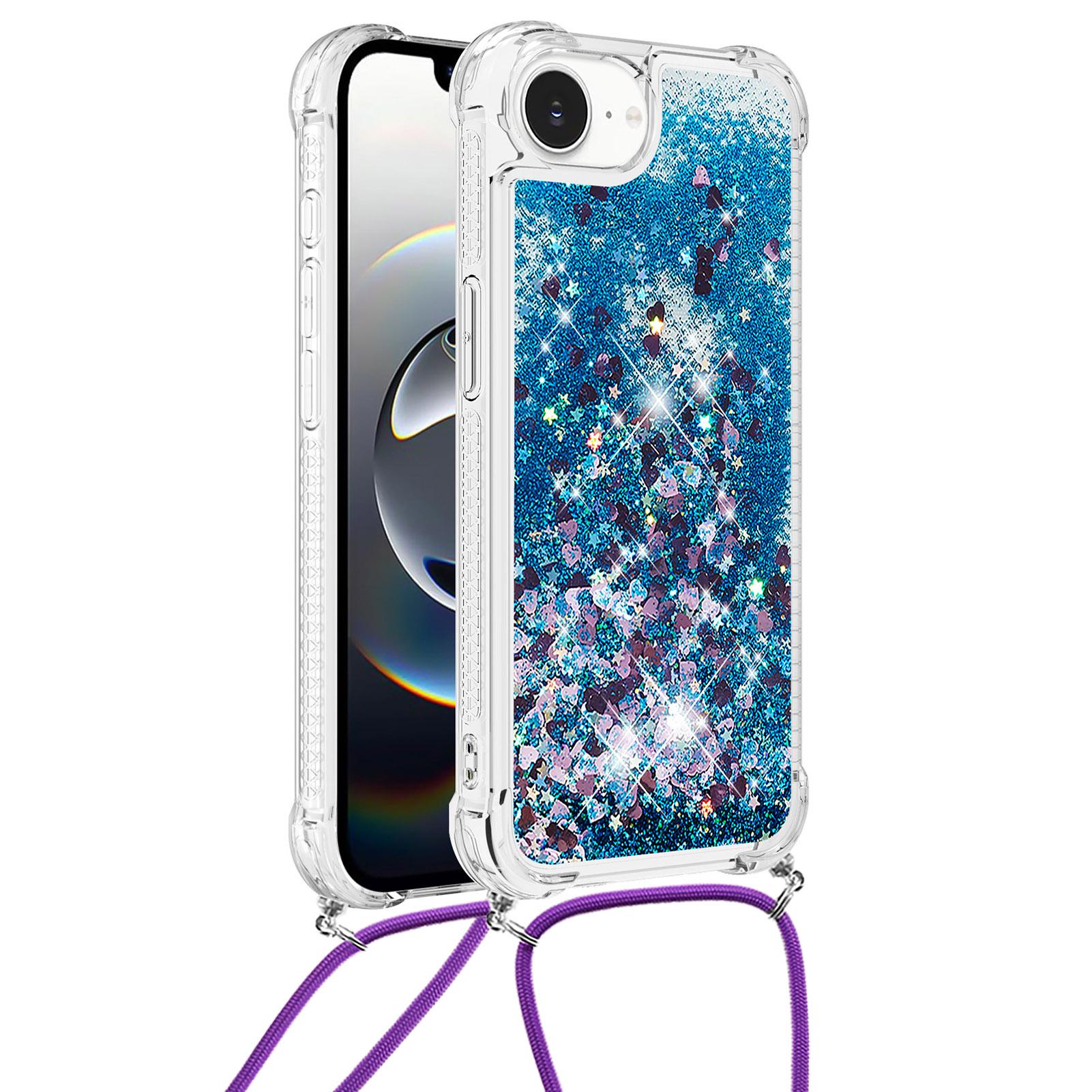 

For iPhone 16e TPU Case Quicksand Design Phone Cover with Lanyard Blue/Hearts