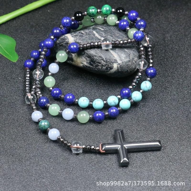 Lapis Lazuli Mischstein Rosenkranz Halskette – Edelstahl Kreuz Anhänger, Weisheit Schutz Geschenk für Männer Frauen