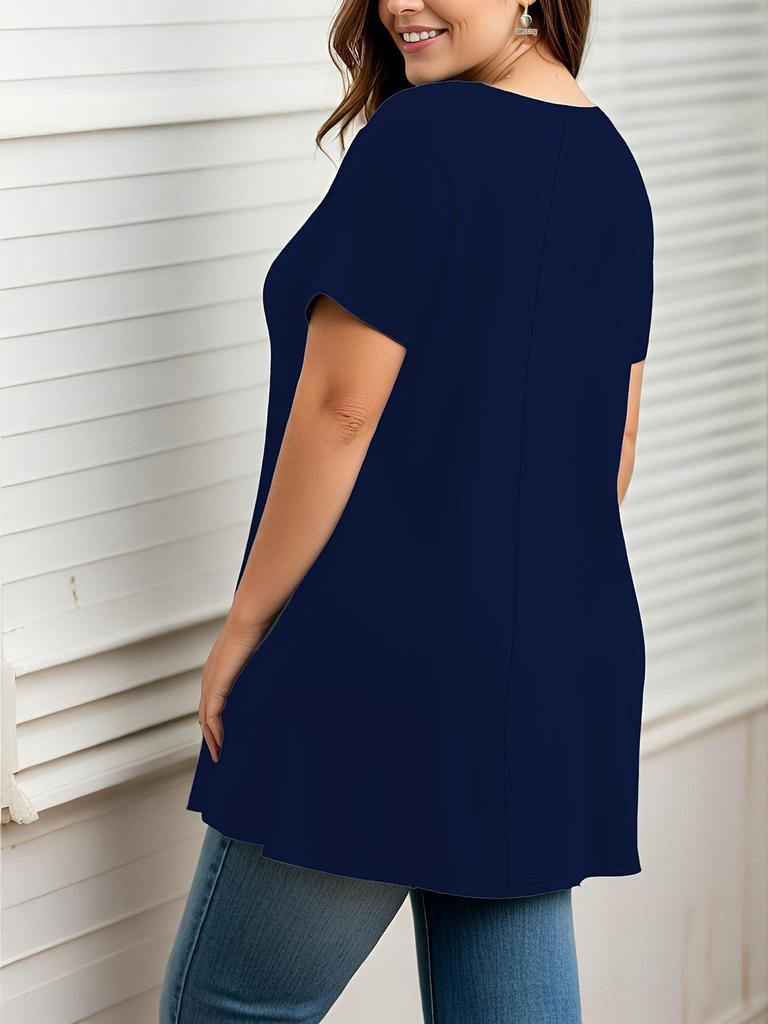 Europejski i Amerykański Damski T-shirt Plus Size Jednolity Kolor Okrągły Dekolt Krótki Rękaw - 2026 Nowy Luźny Model Wyszczuplający