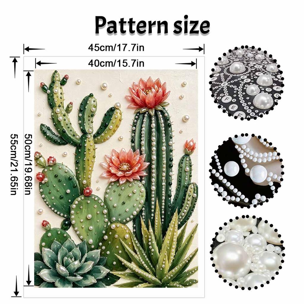 Sparkling Pearl Painting Kit with Frame Blooming Cactus Succulent Bead Art Canvas Elegant Relaxing Craft Wall Decor Gift for Women