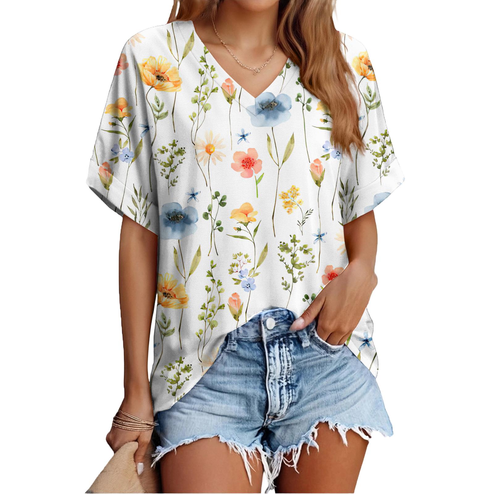 

Women s Fashionable Casual Everyday Versatile Floral Print Slim-Fit Summer Short-Sleeve Top L