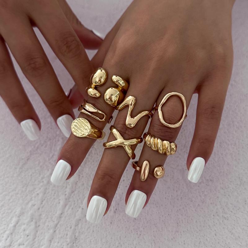 1Set Irregular Glossy Metal Open Rings For Women Vintage Punk Gold Silver Color Personality Finger Ring Female Jewelry