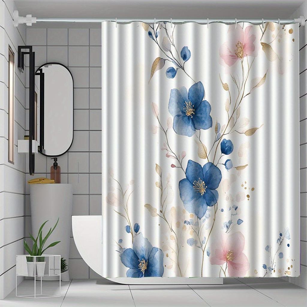 1pc blue floral pattern shower curtain, polyester fabric, machine washable, suitable for bathroom decoration