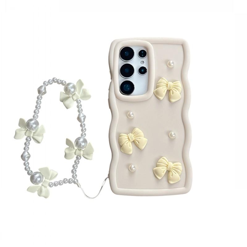 

Pearl Bow Tie Case For Samsung Galaxy S26 Ultra S24 FE S22 S23 S25 Plus A17 A56 Candy Short Chain Anti-Drop Bracelet Strap Cover S26