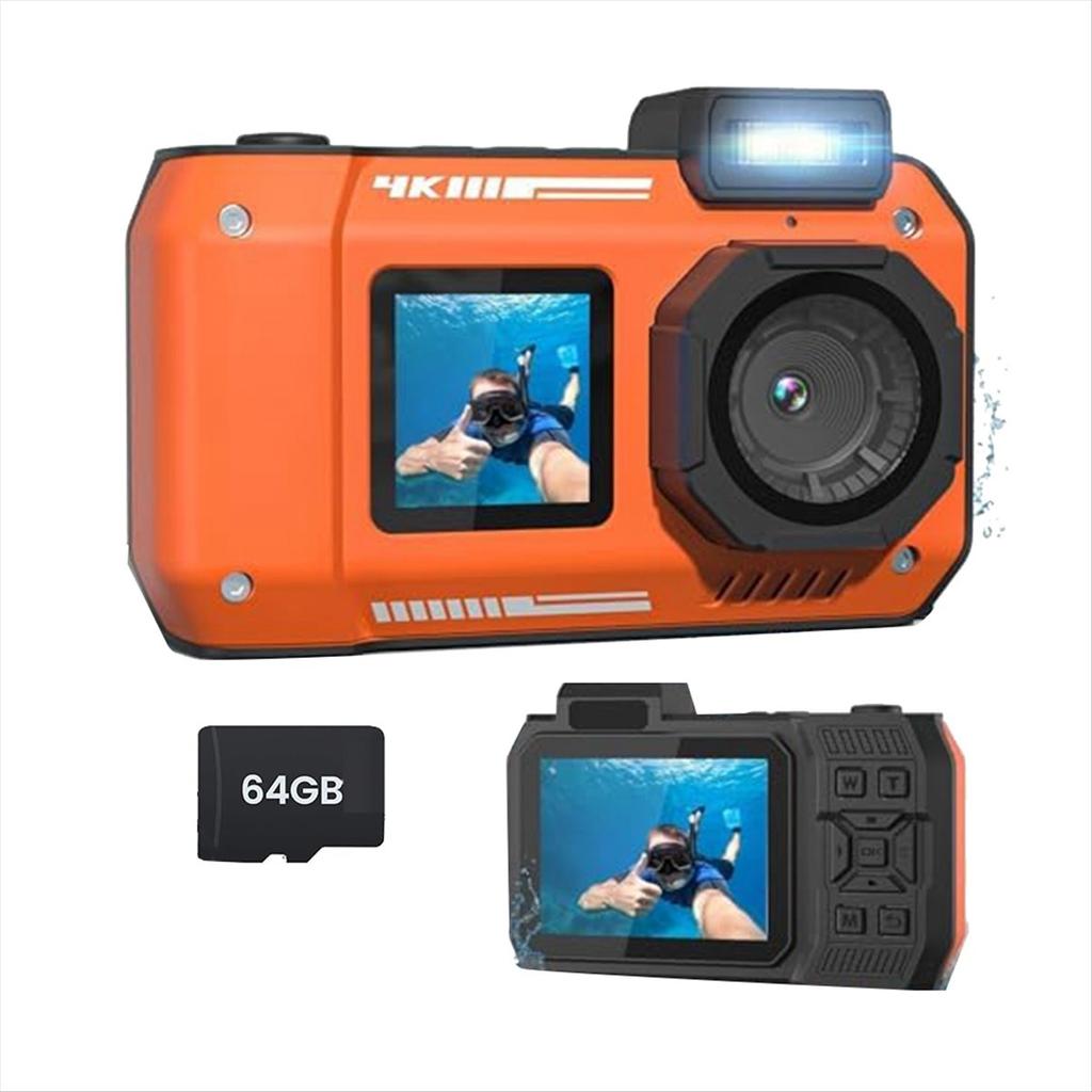 Waterproof Camera 4K 65MP Underwater Camera with 64G Card, for Snorkeling Autofocus Selfie Dual-Screen Orange