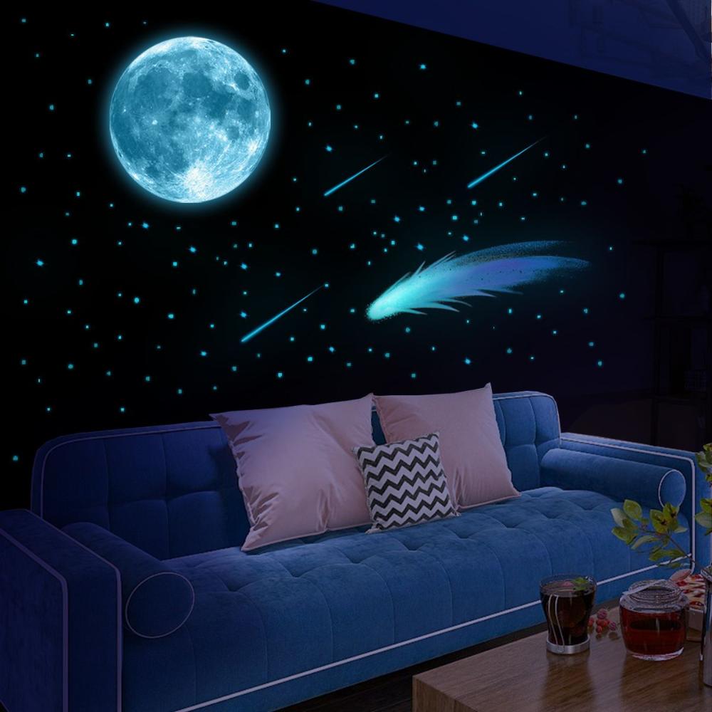Room Ceiling Decor Home Decal Luminous Wall Stickers Meteor Glow In The Dark Moon Stars Stickers