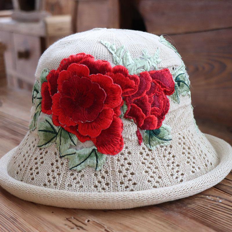 Vår og sommer etnisk vind broderi blomst sammenleggbar hatt dame strikkelue sandbøttehatt