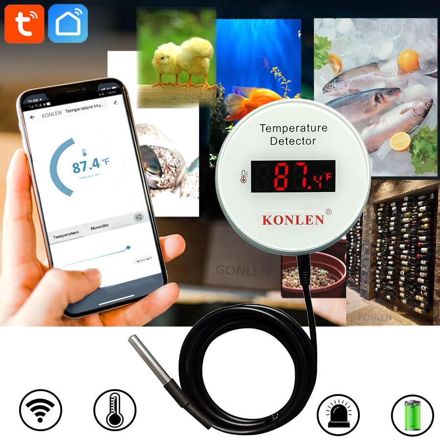 Tuya WiFi Temperature Sensor with External 9.8ft Probe Cable, Smart Life Digital Thermometer Detector for Freezer Water Tank Pool Home Greenhouse,