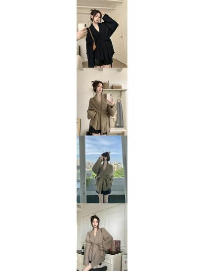 Women's Plus Size French Collar Cardigan Coat - Spring/Autumn Knitted Waist-Tie Top