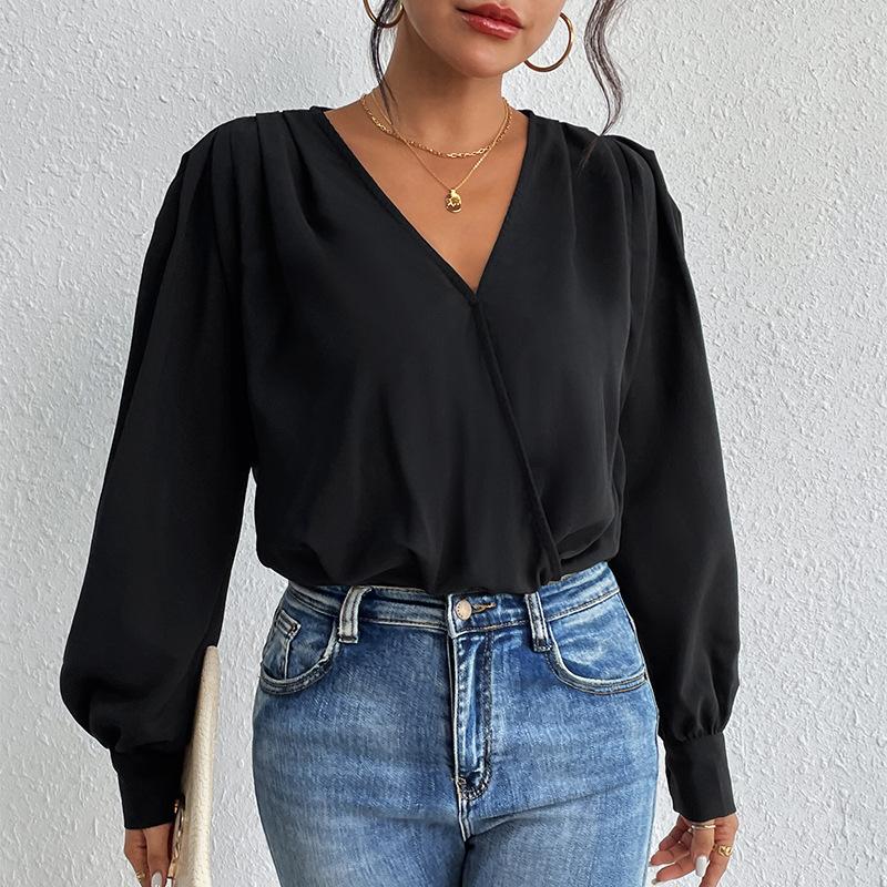 Women's Fashion Casual Solid Color Print Spring Autumn Long Sleeve V-Neck Pullovers & Long Sleeves