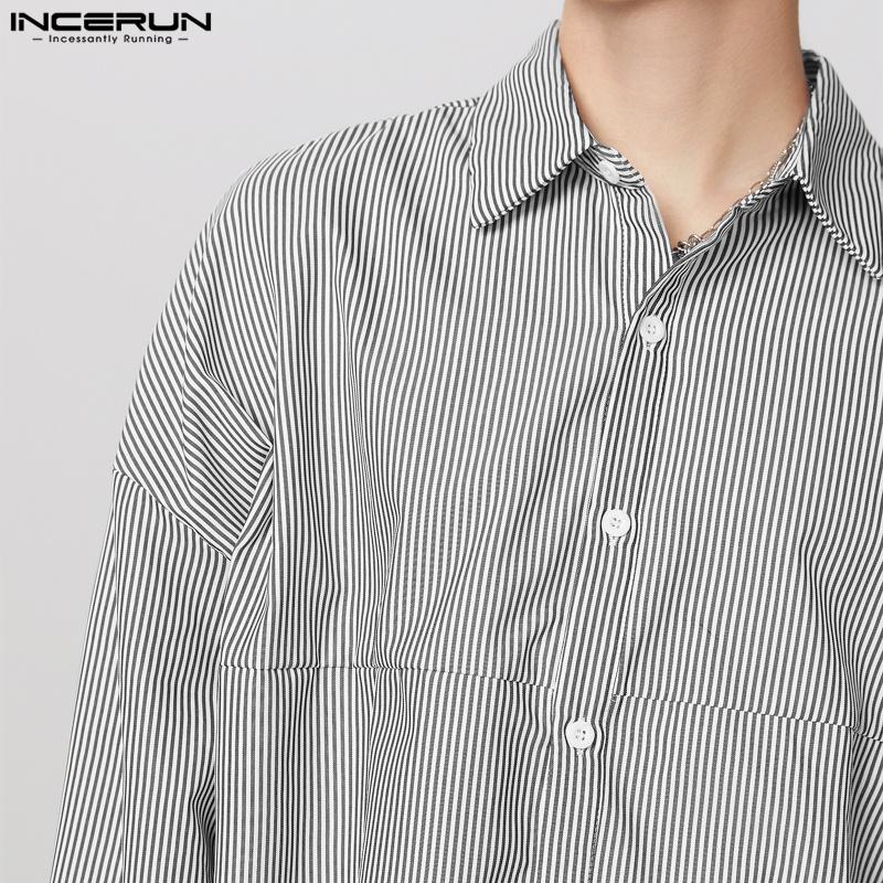 INCERUN Men Lapel Neck Long Sleeve Striped Casual Buttons Up Shirts