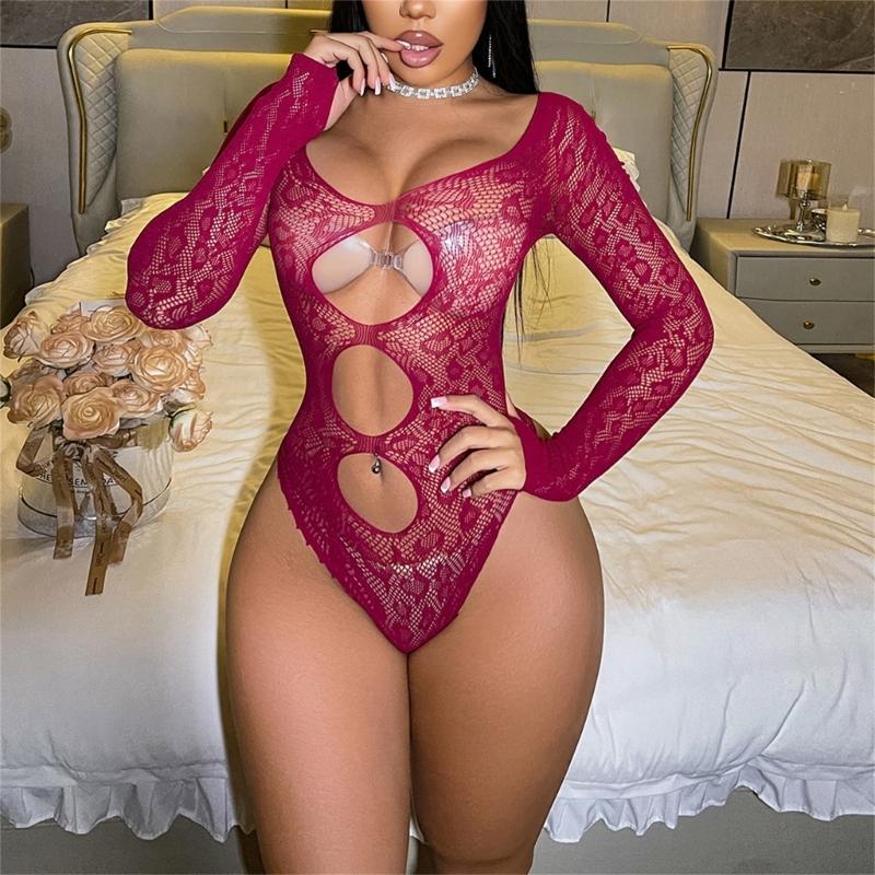 Damski Monokini z Długim Rękawem i Wycięciami z Siateczki Fishnet, Bez Pleców, Prześwitujące Siatkowe Body, Rajstopy Bielizna Piżama Ubrania Klubowe
