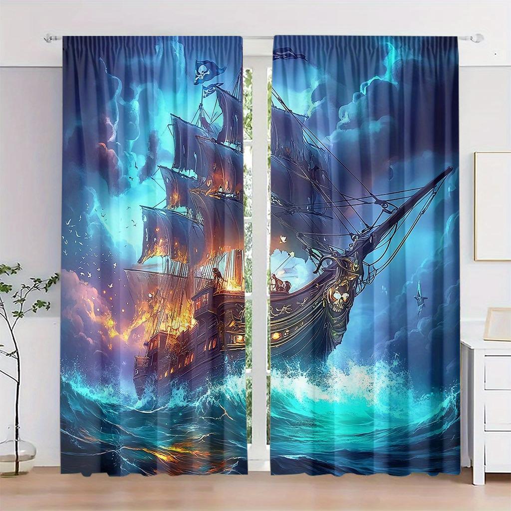2er Set HD Meereswellen Segelboot Druck Vorhänge - Lichtdurchlässig, Stangentasche Design für Schlafzimmer, Wohnzimmer, Büro Dekor - Langlebig