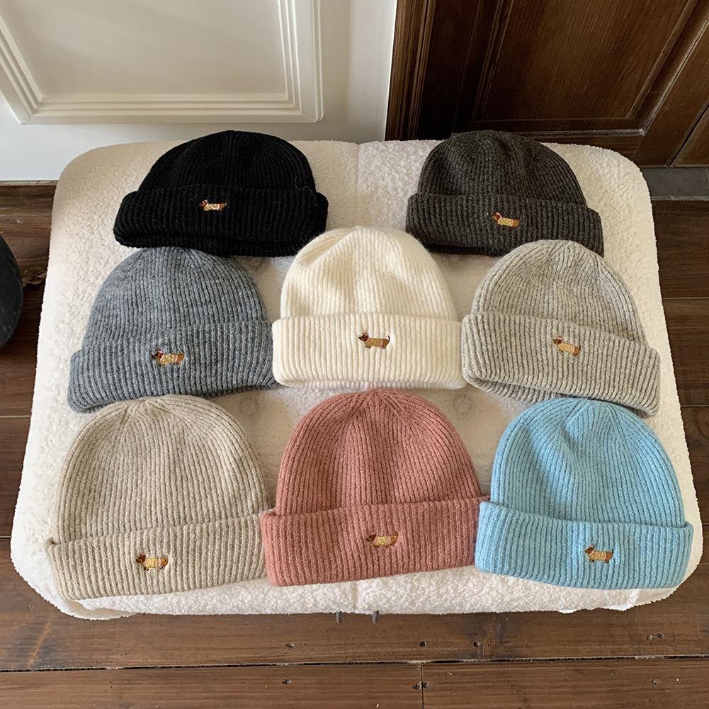 Women'S Dog Embroidered Knitted Beanie Thickened Winter Warm Hat Cold-Proof Fuzzy Lined Beanie For Women New