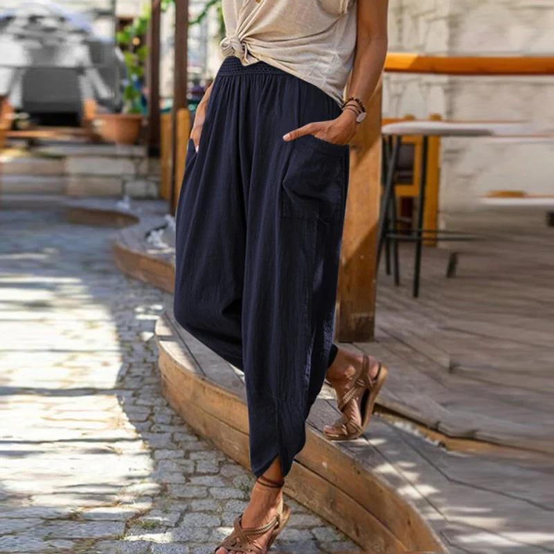Summer New Casual Fashion Solid Linen Harem Pants Women Loose Pocket Wide Leg Radish Ankle-length Trousers Female Bloomers