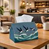 1pc Japanese Ukiyo- Tissue Box with Ocean Wave & Puffin Bird - Traditional Japanese Art Napkin Holder Suitable for Rolls/Facial Tissues, Storage Organ