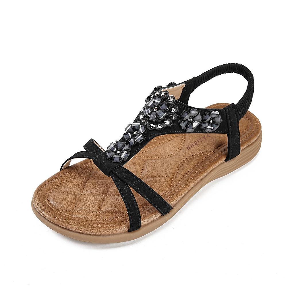 Summer 2026 Women's Bohemian Wedge Sandals with Flowers and Rhinestones, Large Size Beach Shoes