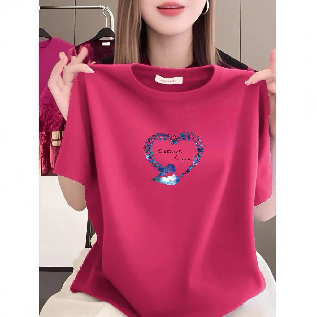 

Women s Summer Heart Print Loose Slimming T-Shirt, Casual Short-Sleeve Top M