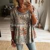 Top casual boho da donna con scollo a barca, cuciture traforate, stampa cachemire, manica 3/4, vestibilità ampia