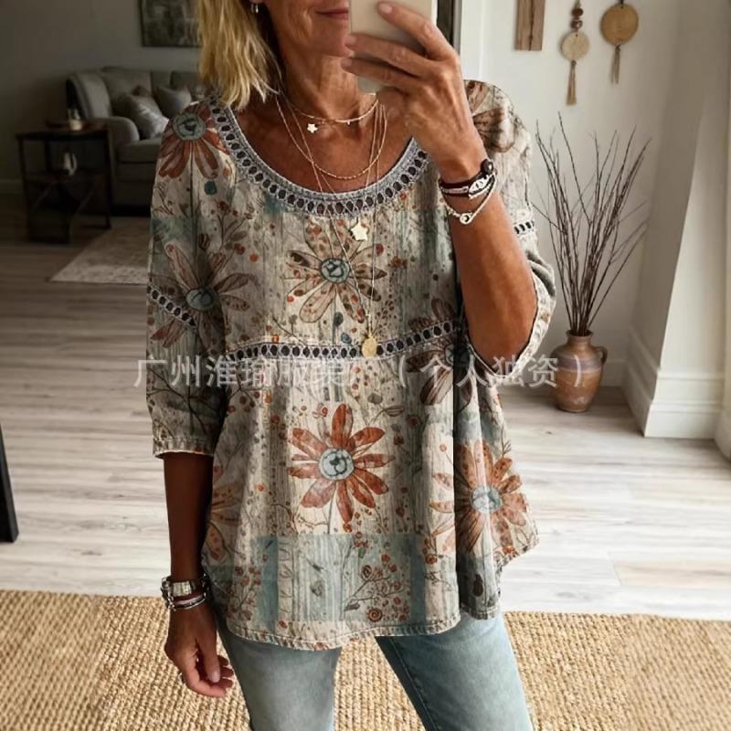 Top casual boho da donna con scollo a barca, cuciture traforate, stampa cachemire, manica 3/4, vestibilità ampia