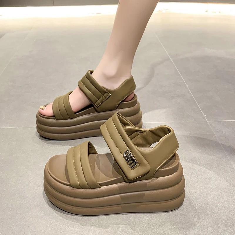 

2025 Summer Women Chunky Sandals Leather High Platform Trainers Breathable Casual Slippers Shoes Woman 8.5CM Heels Wedge Sneaker 34 коричневий