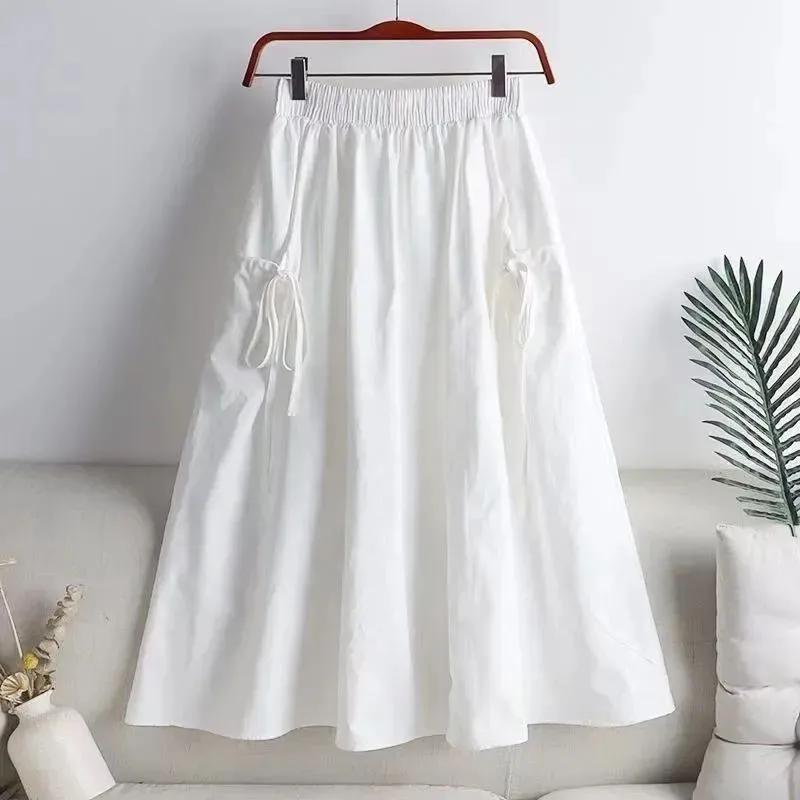 Solid Color High Waisted Long Skirt Women Spring Summer Drawstring Pocket A-Line Skirts Woman All-Match Midi Skirt