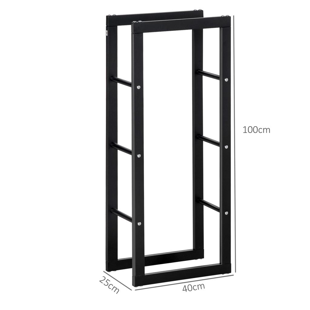 Metal Firewood Log Holder Tall Firewood Rack Indoor Outdoor Fireplace Wood Storage Shelf with Side Rails, Rust-Resistant, Black, 40W x 25D x 100H cm