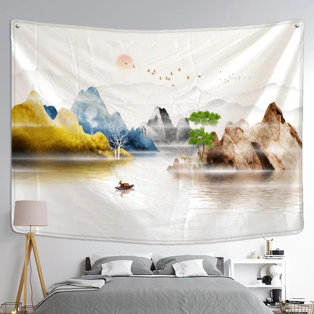 Mountain And River Ink Painting Tapestry Wall Hanging Bohemian Style Ins Hippie Psychedelic Home Decor