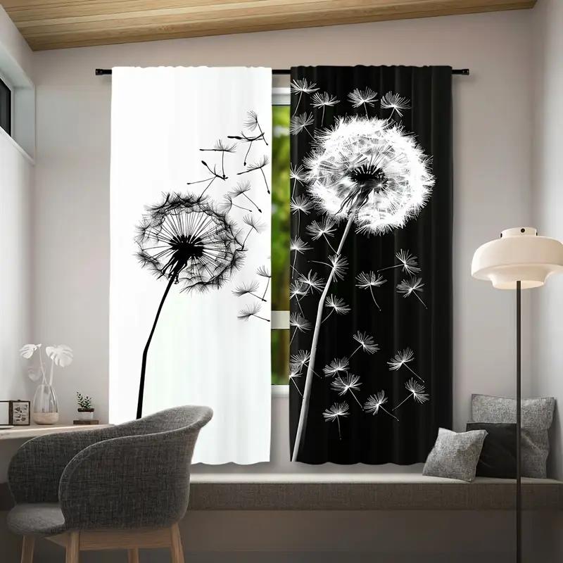 2PCS 2D Flat Curtains, Polyester Material, Dandelion Print Art Design, Pole Bag Design, Bedroom, Home Decoration