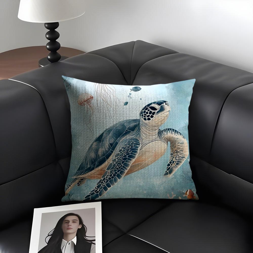 Sea Turtle Fashion Cushion Cover Natural Linen Organic Fabric Double-Sided Printing Sofa Home Decor Gift Pillow Case