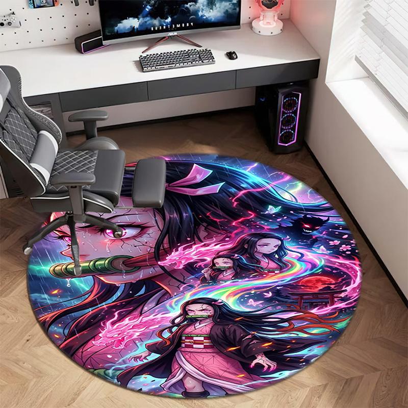Classic Japanese-style Cartoon Demon Slayer Round Rug, Home Soft Decorative Anti-slip Yoga Mat and Chair Mat, Outdoor Floor Mat Carpet K27