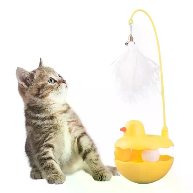 Tumbler Cat Teaser Toy With Removable Feathers & Bells - Self Amusing Kitten Play Wand Easy To Clean And Reassemble