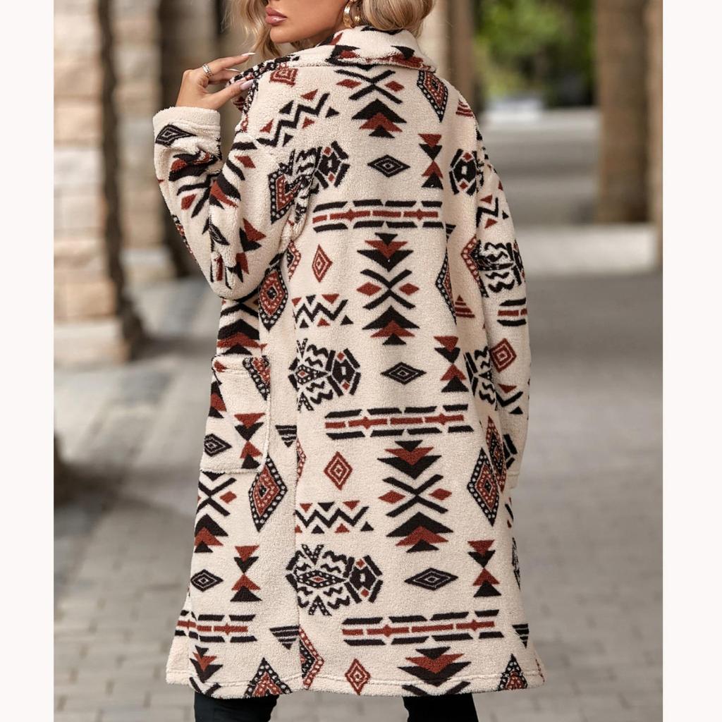 Cappotto da donna autunno e inverno Cappotto lungo in peluche con stampa stile etnico monopetto