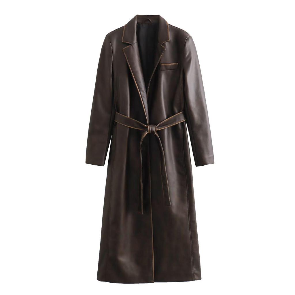 2023 Autumn Women's Mid-Length Distressed PU Leather Trench Coat