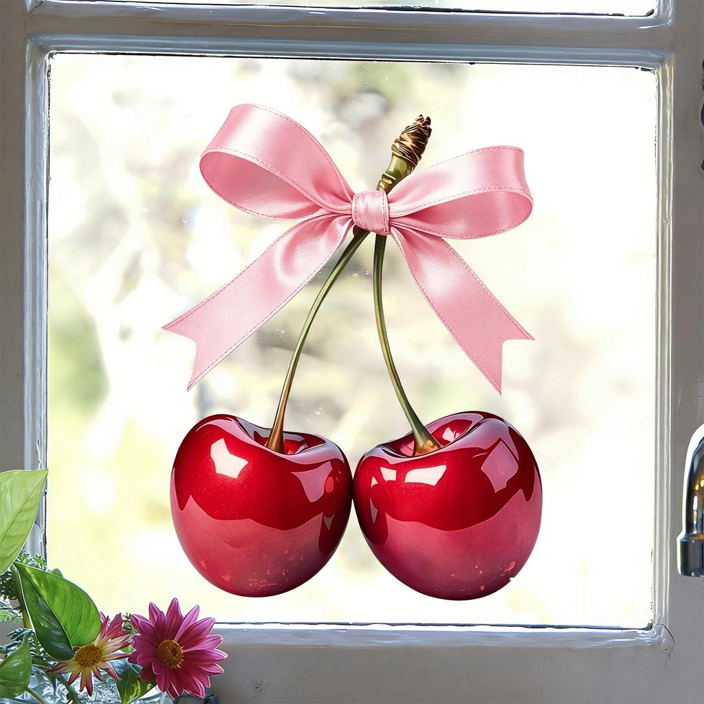 Cherry Bow Static Window Cling Self Adhesive Removable Glass Decal Bedroom Balcony Decor